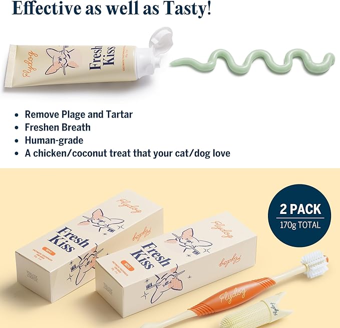 FlyDog Fresh Kiss Dog Tooth Brushing Kit - Vet Approved Formula, Enzymatic Dog Toothpaste and Brush - Breath Freshener & Tartar Remover, 360° Toothbrush & Finger Brush, Dental Guide, Mint Flavor