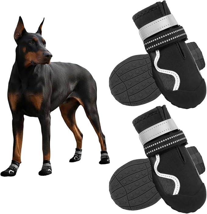 Dog Shoes Small Medium Large Size Dogs, Puppy Booties Paw Protector for Hot Pavement, Non-Slip Waterproof Rubber Reflective Strapped Boots (Black, Size 8#: (3.5 * 3.0) (L*W) for 74-88lbs)