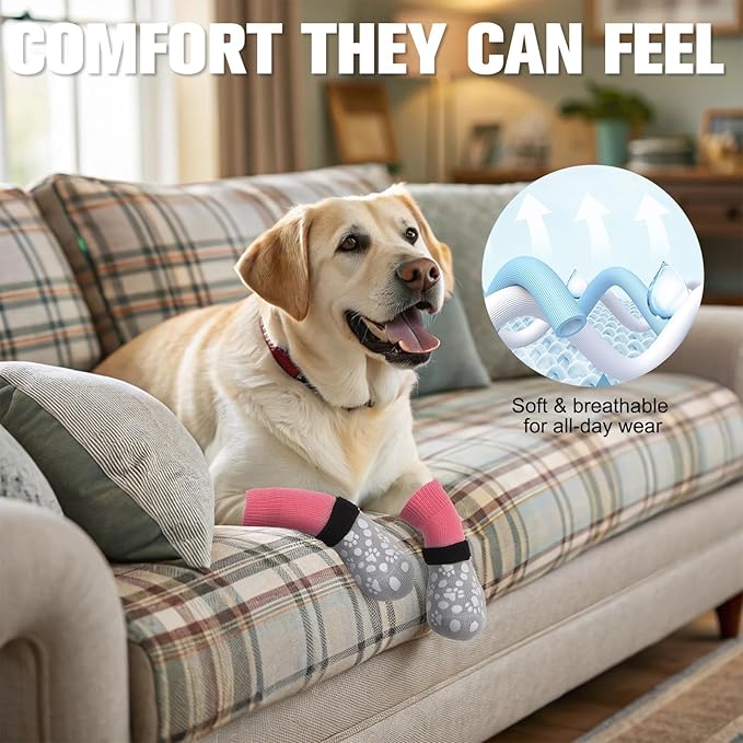 BINGPET Dog Socks to Prevent Licking Paws with Grippers for Hardwood Floors Anti Slip, Winter Warm Pet Shoes Booties, Extra-Thick Grip Dog Boots & Paw Protectors for Small Medium Large Senior Dogs, XL