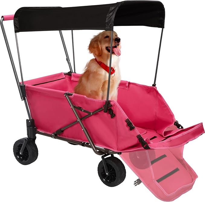 REDCAMP Folding Dog Wagon Cart with Removable Canopy Heavy Duty, 220L Large Collapsible Utility Cart Dog Stroller with Tailgate for Sports Shopping Pet, Pink