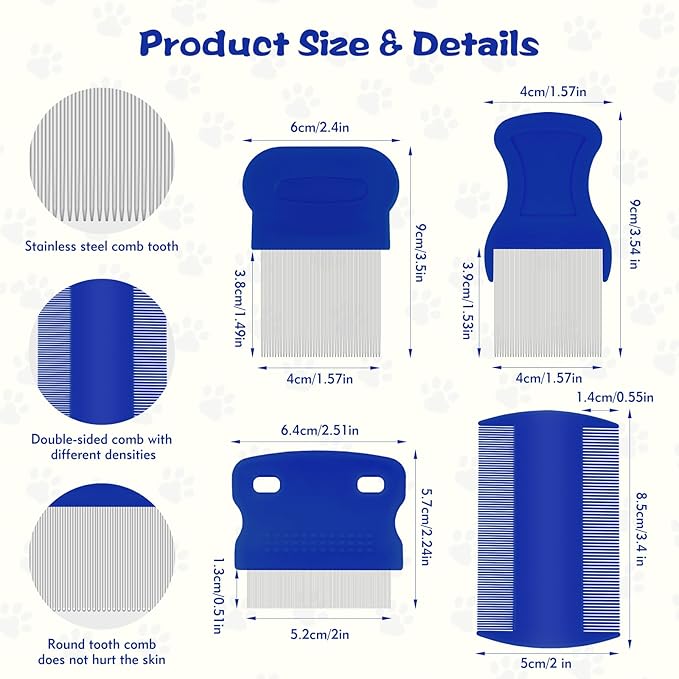 WRW 7 Pack Flea Comb,Stainless Steel Dog Cat Grooming Combs with Rounded Tooth for Remove Fleas Lice Eggs, Double Sided Tear Stain Remover, Dematting Tool for All Types of Small, Medium, Large Pets