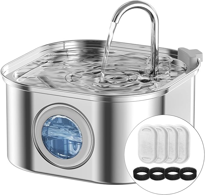 NautyPaws Cat Water Fountain Stainless Steel: 108oz/3.2L Automatic Pet Water Fountain - Dog Water Dispenser with Water Level Window - for Cats Inside with 4 Replacement Filters and 4 Sponges