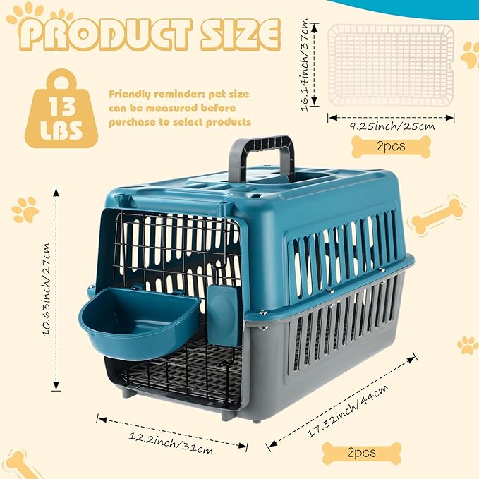 2 Set Travel Pet Carriers for Small Cat Dog Plastic Hard Shell Carrier Cat with Bowl Wire Door Grille Mat Portable Breathable Security Lock Puppy Kennel for Travel Airline, 17.5", up to 13lbs(Blue)