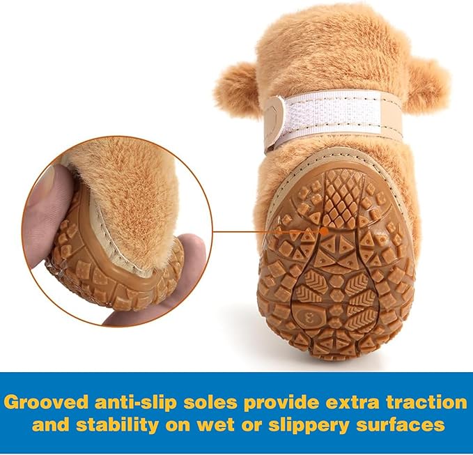 JZXOIVA Dog Shoes for Small Dogs, Fleece Dog Boots Paw Protector for Comfort and Warmth, Dog Booties with Anti-Slip Sole for Winter Snow Hardwood Floors Walking Brown Size 1