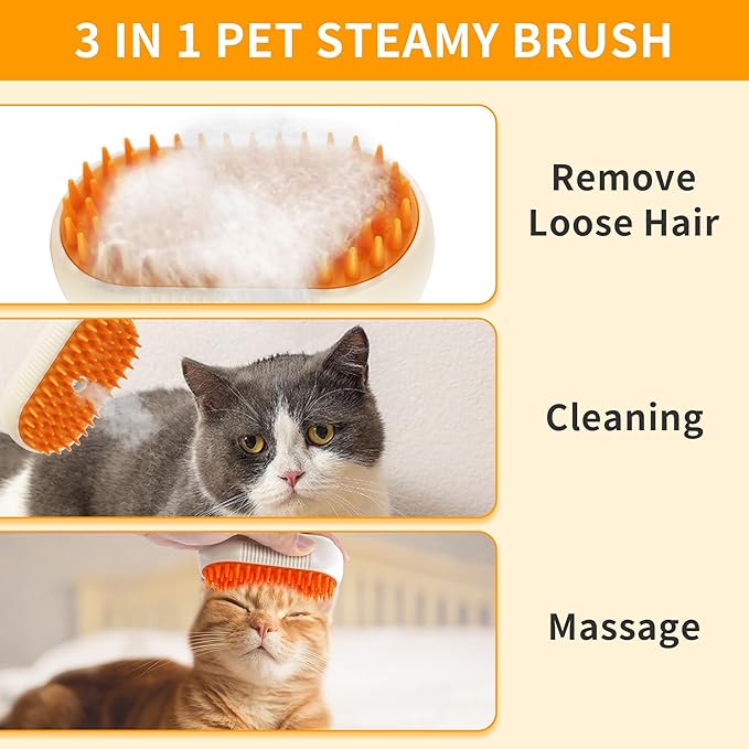 Cat Steam Brush - 3 in 1 Spray Pet Comb for Shedding, USB Rechargeable Pet Hair Removal, for Cats, Cat Grooming Brush, for Kittens and Puppies, Massage and Remove Loose Hair