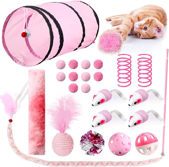 Foilswirl 24 Pcs Cat Toys Set Interactive Kitten Toys Pack Including Collapsible Play Tunnel Feather Teaser Wand Fuzzy Ball Springs Pillow Mouse Bells for Indoor Cats Puppy(Pink)