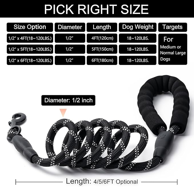 2 Pack Dog Leash, 4/5//6 FT Heavy Duty Nylon Rope Pet Leashes with Comfortable Padded Handle, Reflective Dog Leashes for Small Medium and Large Dogs (6FT-1/2,Black/Blue)