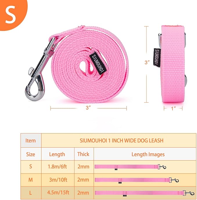 Siumouhoi Strong Durable Nylon Dog Training Leash, 1 Inch Wide Traction Rope, 6 ft Long, for Small and Medium Dog (Pink, 6 Feet)