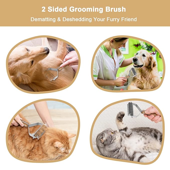 Dematting Comb for Dogs & Cats - Double-Sided Deshedding Dematting Grooming Tool, Undercoat Rake for Double Coat Dogs & Long-Haired Cats, Wooden Handle Large