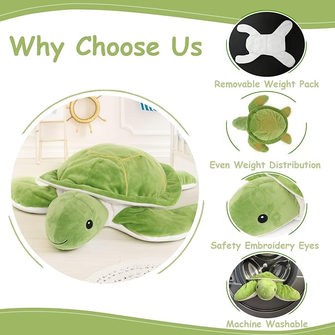 WEIGEDU Large Weighted Sea Turtle Stuffed Animal Plush Toy with Embroidered Eyes, Removable Weight Pack - 28 Inches, 5 lb Soft Cuddly Toy for Kids and Adults