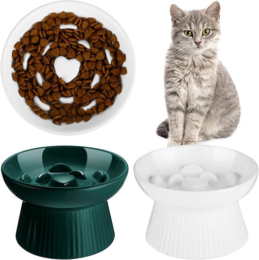 Tioncy 2 Pcs Raised Cat Slow Feeder Bowl Ceramic Elevated Cat Dog Food Bowl No Spill High Edge for Dry Wet Food and Water Easy to Clean, Dishwasher Safe (Dark Green,White)