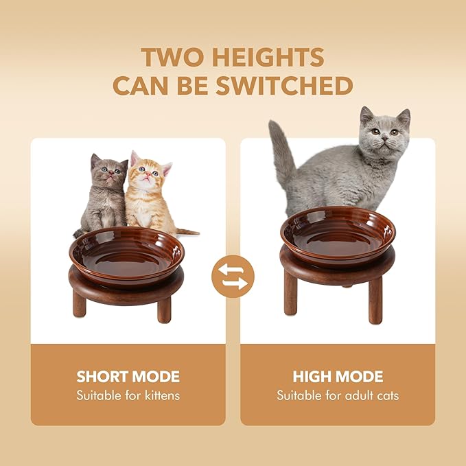 2 Sets of Elevated Ceramic Cat Dish, Wide Whisker Friendly Anti-Slip Food & Water Bowl with 2 Heights Adjustable Acacia Wooden Stands(2 Dishes +2 Stands, Caramel Brown)