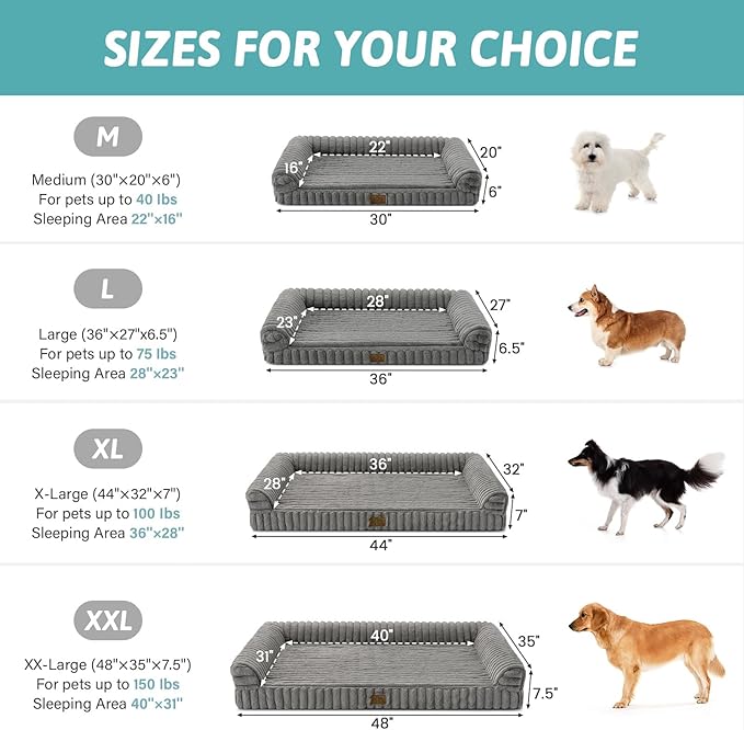 Cute Dog Bed for Medium Dogs, Faux Rabbit Fur Orthopedic Foam Dog Bed with Sides, Removable Washable Cover & Waterproof Lining, Comfortable Pet Couch, Grey (36" L x 27" W x 6.5" Th)
