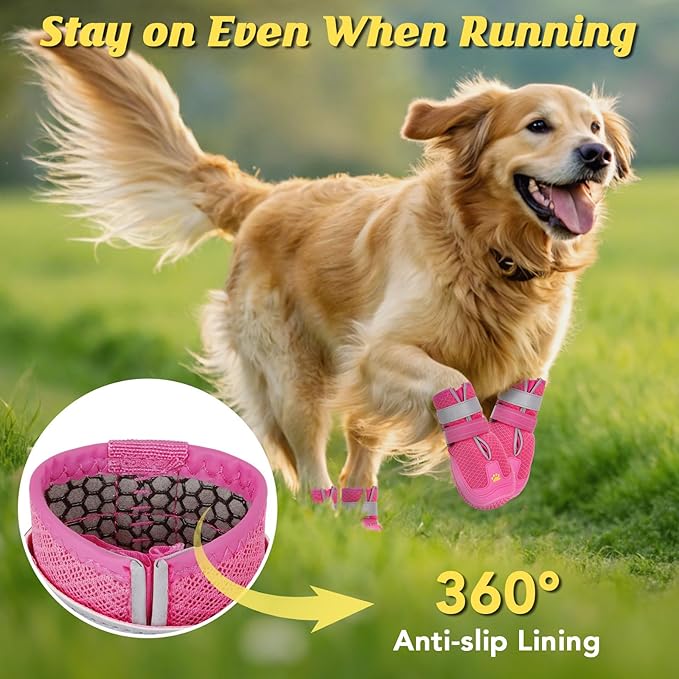 LUCKYPAW Dog Shoes for Large Medium Dogs, Breathable Dog Boots for Hot Pavement, Paw Protectors for Summer Walking Hiking Winter Snow Outdoor, No Slip Reflective Booties for Hardwood Floor-Hot Pink, 5