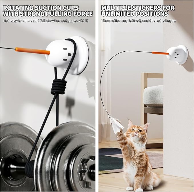 Cat Teaser Wand Toy with Super Strong Suction Cup - 2-in-1 Interactive Cat Feather Toy for Indoor Cats & Kittens, Heavy Duty Vacuum Base, Flexible Long Wire with Feather, Hands-Free & Manual Play