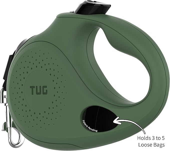 TUG Oval 360° Tangle-Free Retractable Dog Leash | Flashlight Included | Integrated Waste Bag Dispenser Pocket (Small, Green)