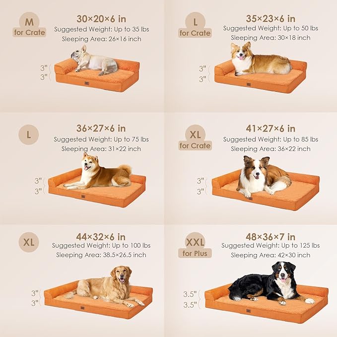EHEYCIGA Memory Foam Dog Bed Large Sized Dogs, Pet Bed for Large Dog for Crate with Waterproof Liner, Pet Couch Bed Orthopedic with Washable Removable Cover, 35x22x6 Inches, Pumpkin