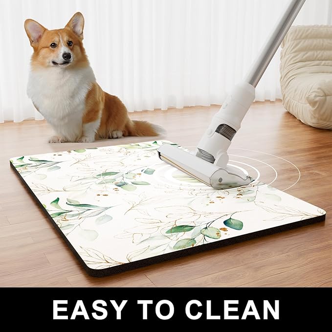 Dog Food Mat, 16" x 24" Minimalism Absorbent Dog Cat Bowl Mat for Food and Water, Cute Anti-Slip Rubber Pet Feeding Rug Protect Floors, Placemat for Feeding & Watering Supplies, Leaf