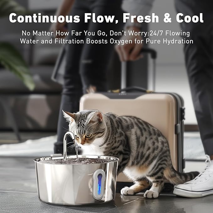 HAJXM Stainless Steel Cat Water Fountain, 135oz/4L Automatic Pet Fountain Dog Water Dispenser with Ultra-Quiet Pump & 2 Replacement Filters & for Cats Inside, Dogs, Multiple Pets