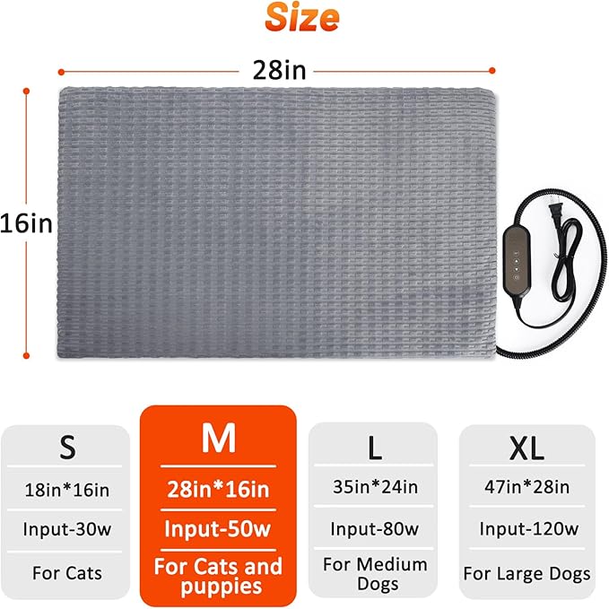 Heated Cat Bed, Waterproof Heated Cat Dog Bed with Adjustable Temperature & Timer, Electric Pet Mat for Indoor Cats Dogs, Chew Resistant Steel Cord（Medium : 28"x20" Gray）