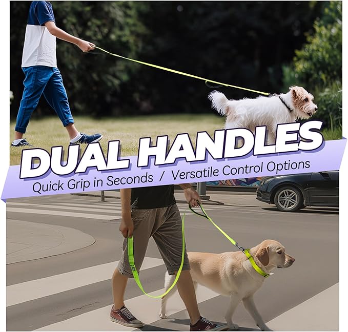 VIVAGLORY Twingrip Dog Leash, Double Handle Dog Leash for Training & Walking with Traffic Handle & 2 Loop, Traffic Control Reflective Heavy Duty for Puppy Pet, 5ft x 1in, Bright Yellow