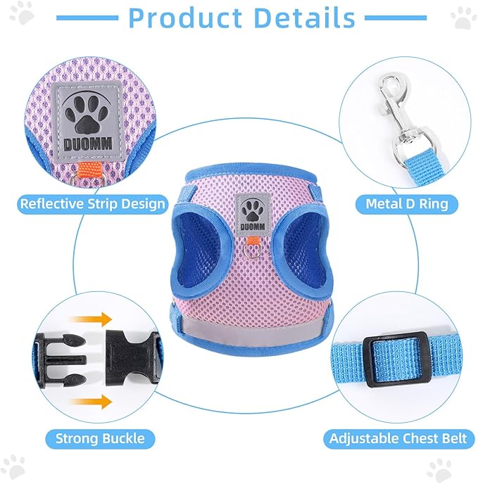 Cat Vest Harness and Leash Set for Walking Escape Proof, Adjustable Kitten Harness Breathable Mesh with Reflective Strips Harness for Kitty Puppy Bunny (Pink and Blue,S)