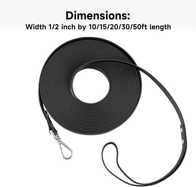 Dog Training Long Leash Waterproof Long Line Heavy Duty Outdoor Recall Lead 10ft 15ft 20ft 30ft 50ft for Small Medium Large Dog (Black, 50FT)
