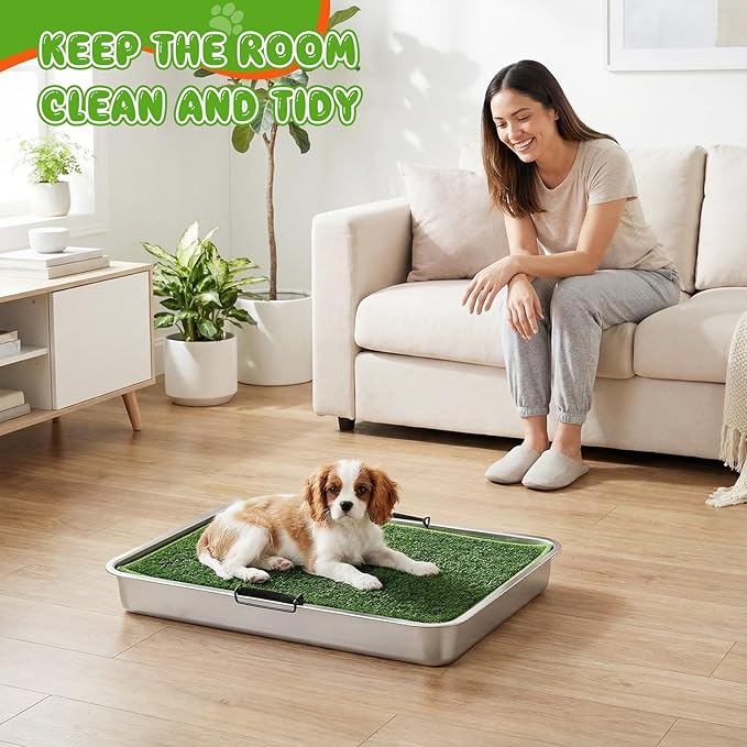 Shimeyao 6 Pcs 3-Layer Dog Grass Pad with Tray, Includes 23.6" x 15.8" Stainless Steel Tray, Artificial Turf Grass Potty, and Support Grids, Reusable Portable Dog Toilet for Indoor & Outdoor Use