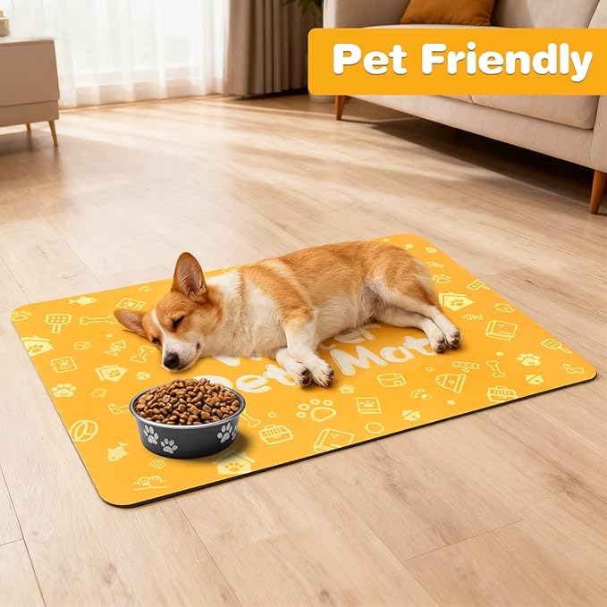 Pet Feeding Mat,Dog Cat Mat for Food and Water,Dog Bowl Waterproof Placemat with Rubber Backing,Absorbent Quick Dry Water Dispenser Mat for Pet（Orange 16"×24"）