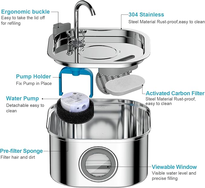 NautyPaws Cat Water Fountain Stainless Steel: 108oz/3.2L Automatic Pet Water Fountain - Dog Water Dispenser with Water Level Window - for Cats Inside with 4 Replacement Filters and 4 Sponges