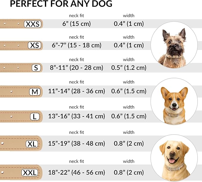 CollarDirect Rolled Leather Dog Collar, Soft Padded Round Puppy Collar, Handmade Genuine Leather Collar Dog Small Large Cat Collars 13 Colors (13-16 Inch, Beige Textured)