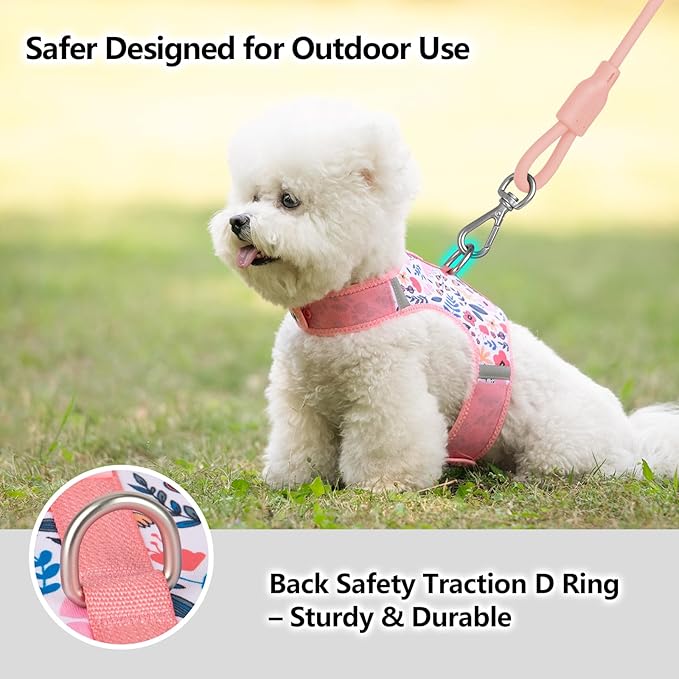 Dog Harness for Small Sized Dog,Hook-and-Loop Easy On/Off, Reflective Adjustable Soft Mesh Vest for Puppy (Pink Floral Print,M)