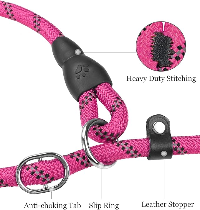 TagME Slip Leads for Dogs, 6 FT Heavy Duty Slip Leash with Padded Handle, Strong Rope No Pull Pet Training Leash for Large Dogs,Hot Pink