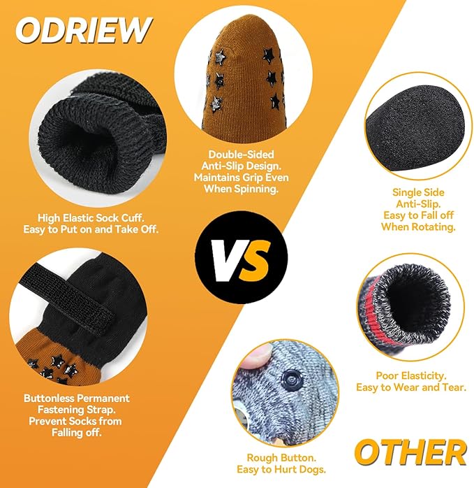 ODRIEW Non Slip Dog Socks to Prevent Licking Paws - Dog Booties for Hardwood Floors Anti Slip - Grippy Socks for Senior Dog - Double Side Paw Protector Prevent Scratching for Hot Pavement. (Khaki, XS)