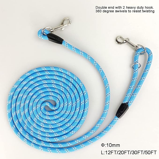 Long Rope Dog Leash for Dog Training 12FT 20FT 30FT 50FT, Reflective Threads Dog Cat Leashes Tie-Out Check Cord Recall Training Agility Lead for Large Medium Small Dogs (Blue, 10mm*50ft)
