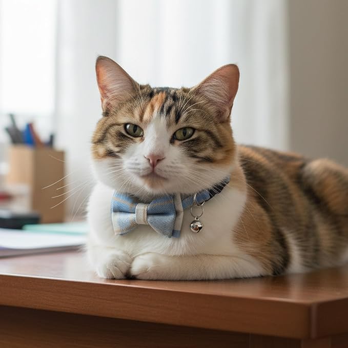2 Pcs Cat Collar with Bells, Adjustable Breakaway Bow Tie for Shorthair Cat, Chihuahua Ect., Cute Pet Collar for Kitten, Puppy & Small Pets (Blue & White Plaid)