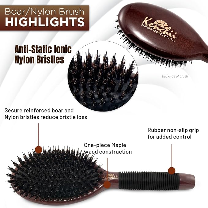 Kenchii Boar and Nylon Bristle Brush for Dog and Cat, Professional Grooming Brush with Maple Body, Lightweight, Non-Slip Rubber (Large)