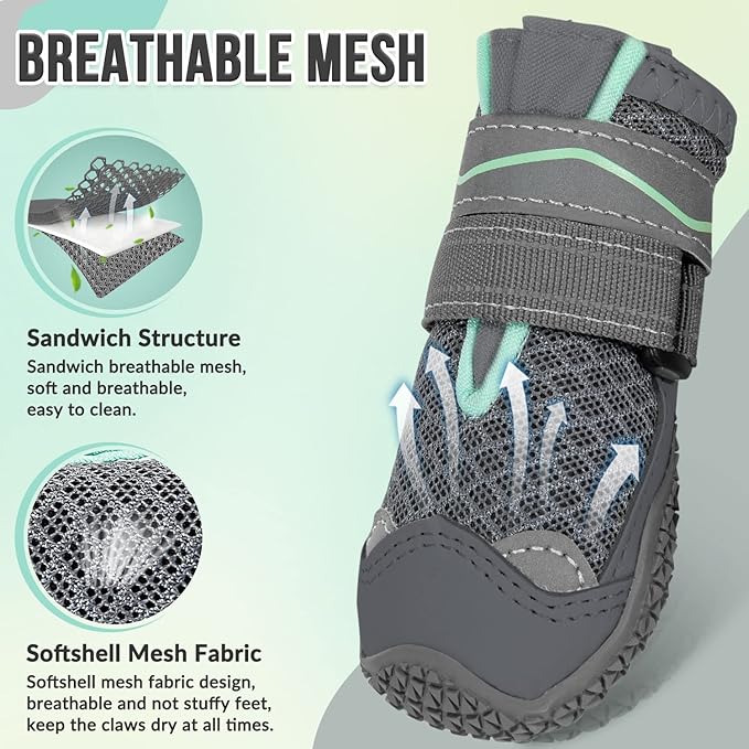 SlowTon Dog Shoes for Large Small Medium Dogs - Breathable Dog Boots for Summer Hot Pavement, Paw Protector for Outdoor Walking Winter Snow, Anti-Slip Rubber Dog Booties for Hardwood Floor (GY, 4)