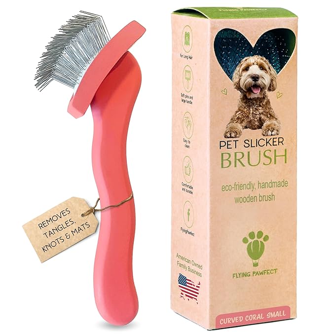 Pet Slicker Brush With Soft Massage Grooming Stainless Steel Pins - For Dematting, Shedding Fur, and Undercoat - Ideal Gift for Professional Pet Groomers - Long Slicker Brush (Coral, Curved Small)