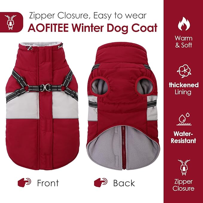 AOFITEE Dog Coat, Dog Christmas Sweater, Warm Dogs Winter Coat, Waterproof Dogs Jacket with Harness, Pet Puffer Jacket Snowsuit, Reflective Windproof Pet Sweater for Cold Weather, French Bulldog, L