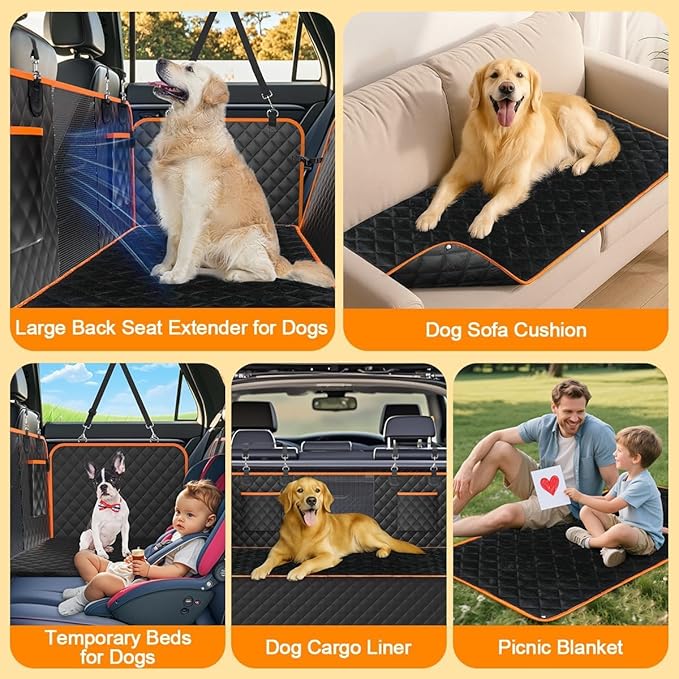 SIVEIS Dog Car Seat Cover, Car Back Seat Extender 45% for Dogs, 600D Double- Side Waterproof Anti-Scratch Hard Bottom Hammock Holds Up 500lbs,Safety Rest Space for Travel,Outdoors