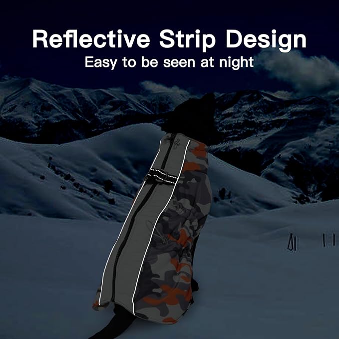 Dog Winter Coat - Large, Warm Dog Coat - Zip Up Snowsuit - Reflective, Water-Resistant - Orange-Camouflage