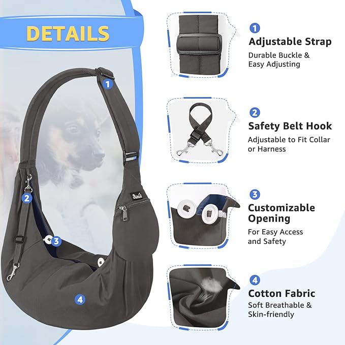 SlowTon Dog Carrier Sling - Thick Padded Shoulder Strap Adjustable Dog Carriers for Small Dogs, Puppy Carrier Purse for Pet Cat with Front Zipper Pocket Safety Belt Machine Washable (Grey L)