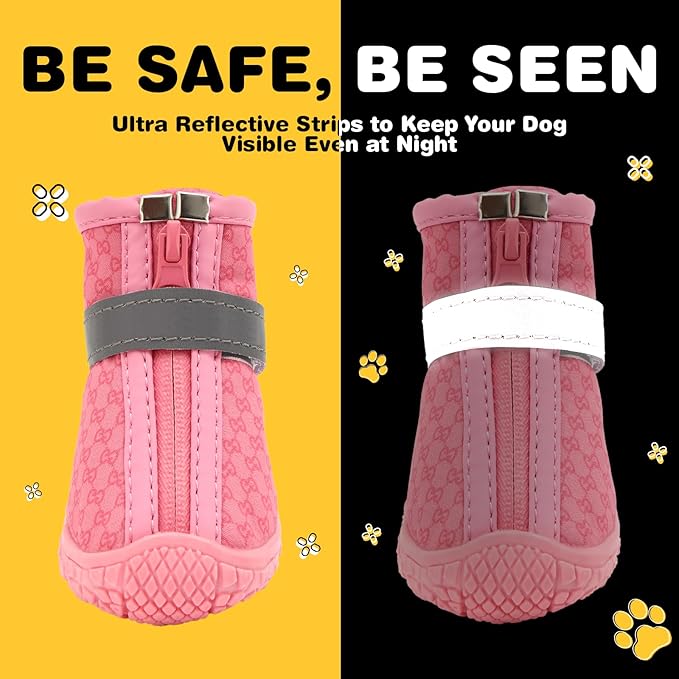 Dog Shoes for Small Dogs, Dog Boots & Paw Protectors for Hot Pavement Winter Snow Hiking, Anti-Slip Dog Booties for Hardwood Floor Pink Size 3