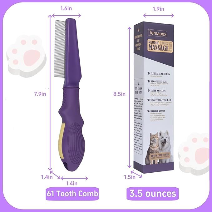Pet Flea Comb for Dogs & Cats,Removes Tangles & Flea, Tear Stain Removal, Stainless Steel Metal Teeth, Non-slip & Anti-static Rubber Handle, Safe & Gentle Pet Grooming Comb