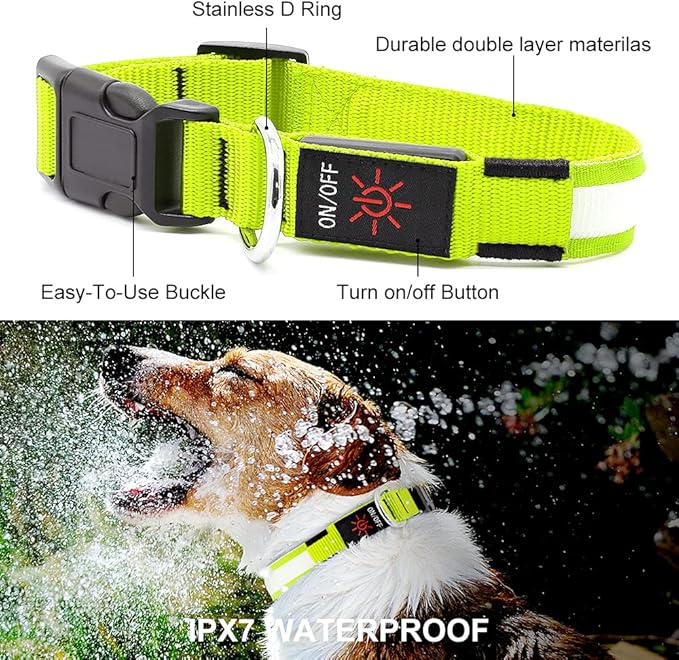 YFbrite Ultra Light Adjustable LED Dog Collar, Light up Dog Collars Rechargeable Glowing in The Dark Collars Visiblity & Safety for Small, Medium, Large Dogs (Green, X-Large)