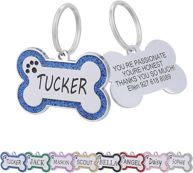 Personalized Dog Tags - Stainless Steel Deep Engraved Glitter Bone Shape Pet ID Tag, Double Sided Custom Text, Lightweight Durable Cat Dog Name Tag (Royal Blue, S)