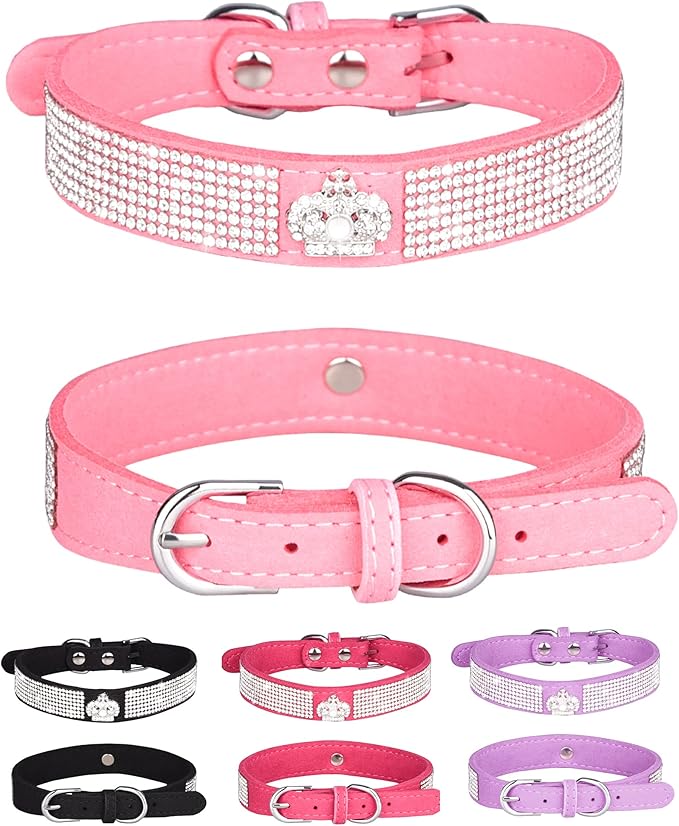 Dog Collar for Small Dogs, Adjustable Leather Suede Bling Dog Collars，Pink Dog Collar Cat Collar, Rhinestone Dog Collar (L, pink3)
