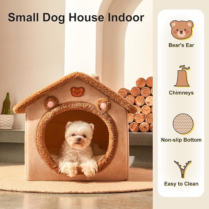 JIUPETY Cute Small Dog House Indoor, Foldable House Kennel Bed Mat with Cushion, L Size Tent Up to 25 Lbs, Dog Cave Bed with Non-Slip Bottom, Brown