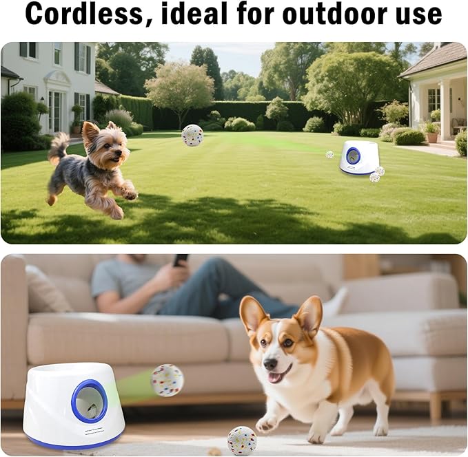 RERBIO Dog Ball Thrower Launcher, Automatic Ball Launcher for Dogs, 3 Adjustable Distance Settings, Indoor Outdoor Interactive Toy, with 3 2.3-inch Balls, Small/Medium Sized Dog Thrower